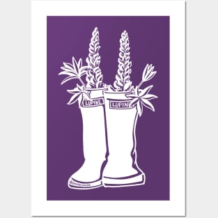 Lupine White Lineart Rain Boots Posters and Art